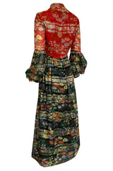 1960s Mollie Parnis Metallic Gold, Red & Black Floral Print Silk Dress