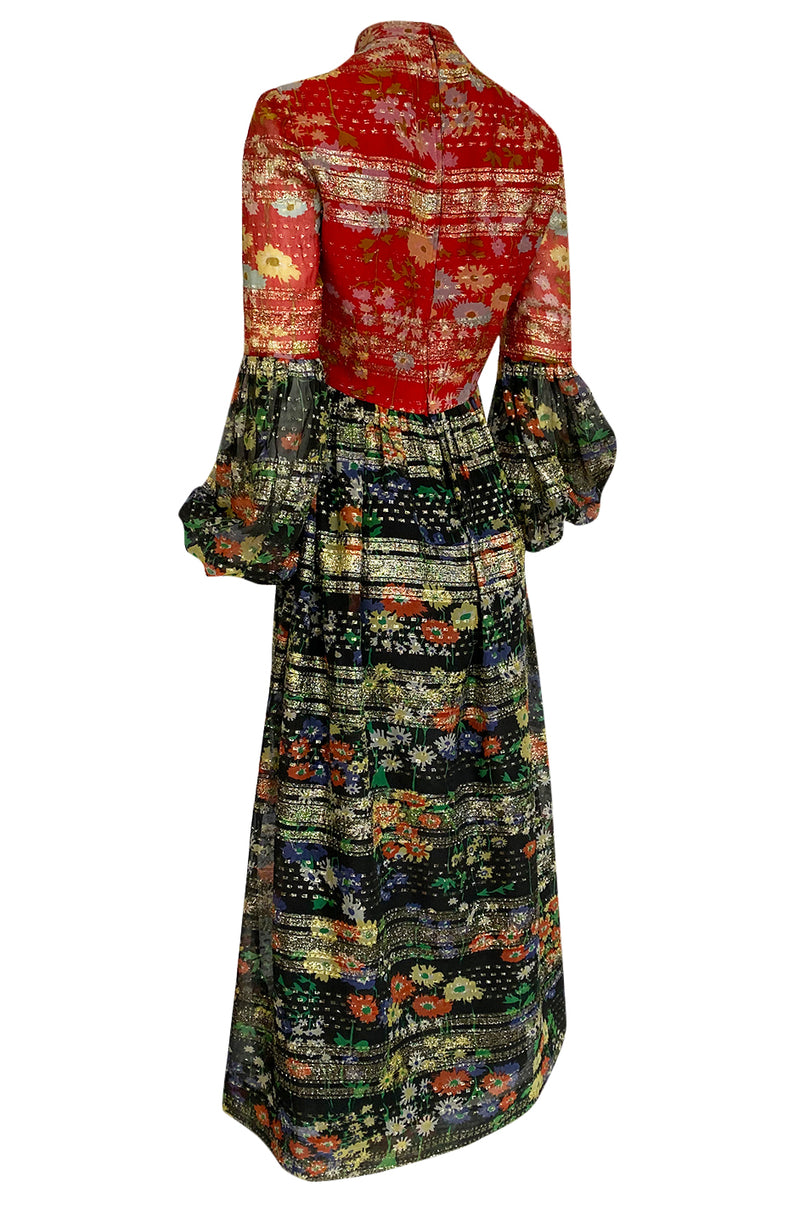 1960s Mollie Parnis Metallic Gold, Red & Black Floral Print Silk Dress