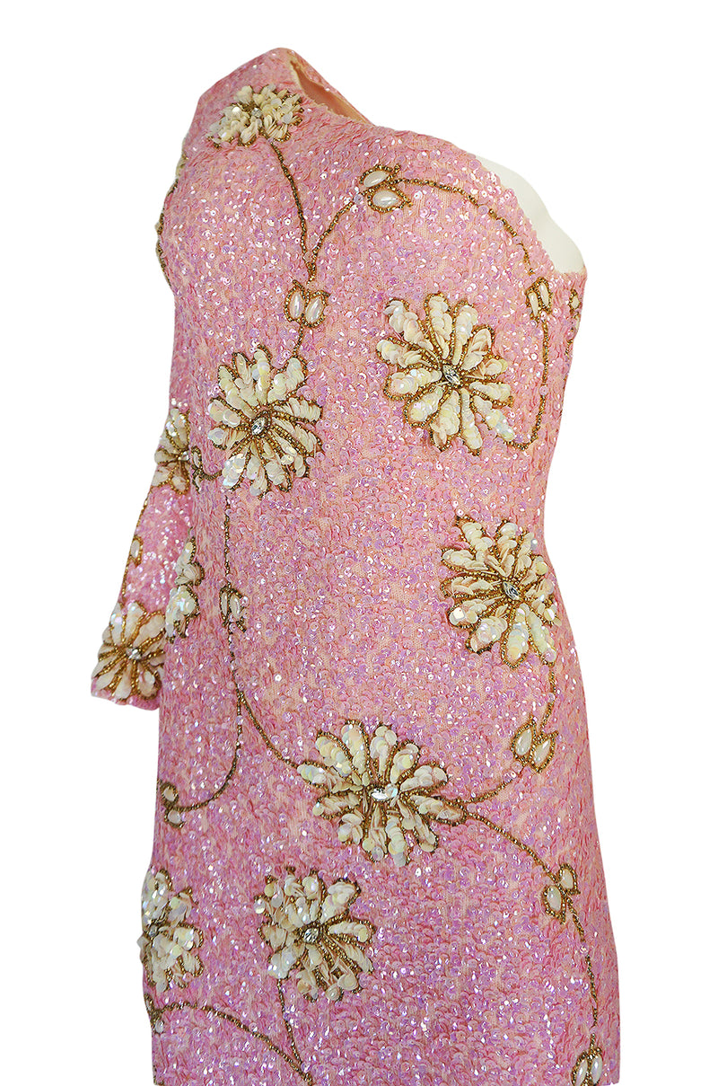 c.1965 Gene Shelly Pink Sequin Stretch Knit Dress w 3D Floral Design