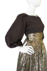 1970s Travilla Puffed Sleeve Silk & Gold Lame Gown