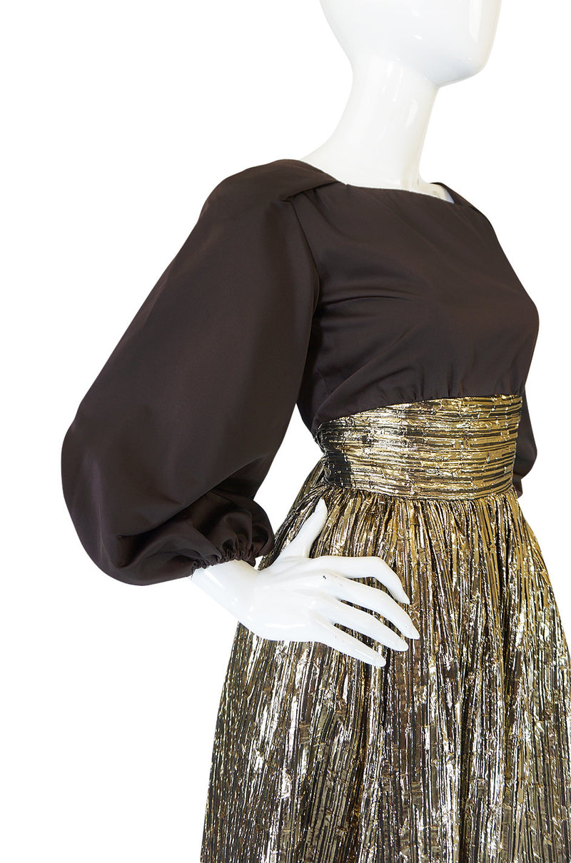 1970s Travilla Puffed Sleeve Silk & Gold Lame Gown