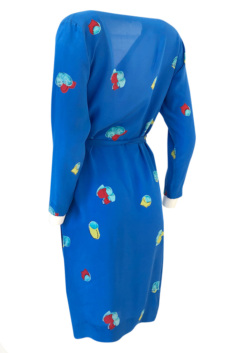Resort 1980 Halston Abstract Print Blue Silk Wrap Day Dress
