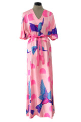 Prettiest 1970s Hanae Mori Pink Cotton Bird Print Dress w Wide Caped Sleeves