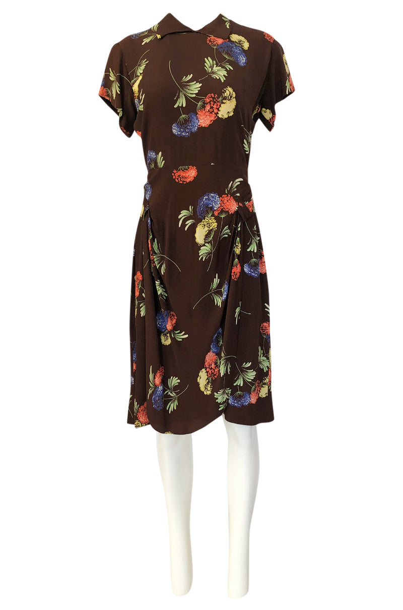 1940s Unlabeled Spectacular Floral Printed Brown Silk Swing Dress