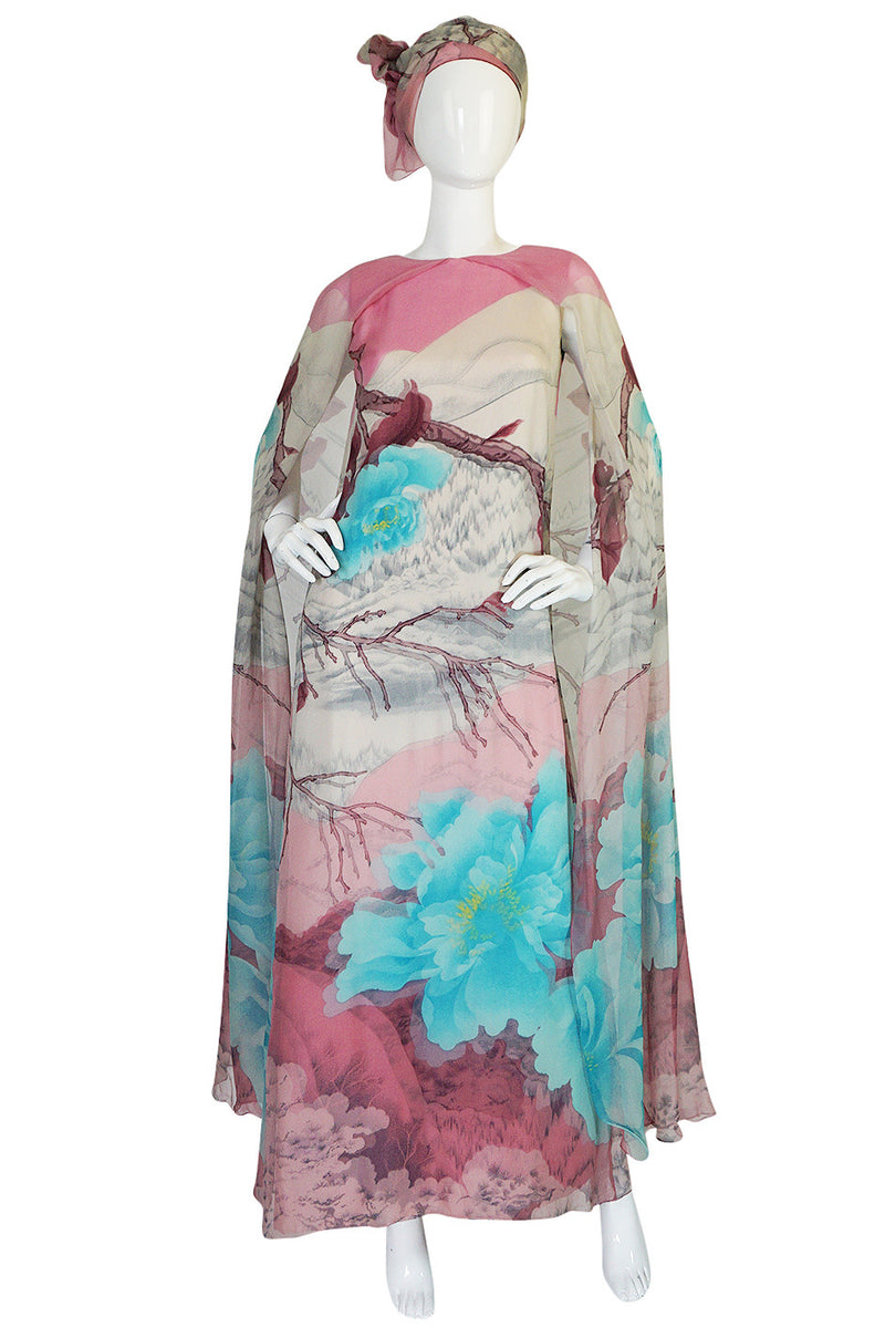 1970s Hanae Mori Couture Silk Chiffon Scenic Floral Dress