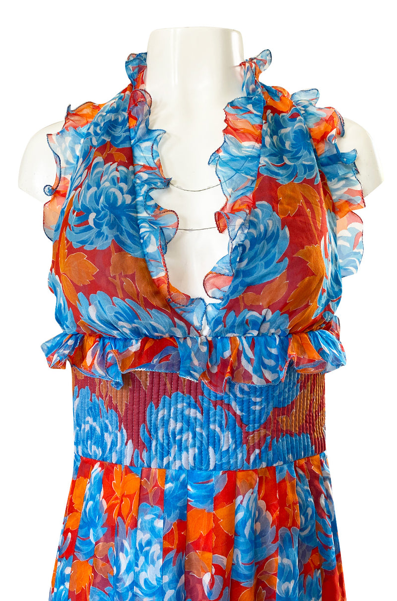 Spectacular c.1978 Valentino Blue & Coral Floral Silk Halter Backless Dress