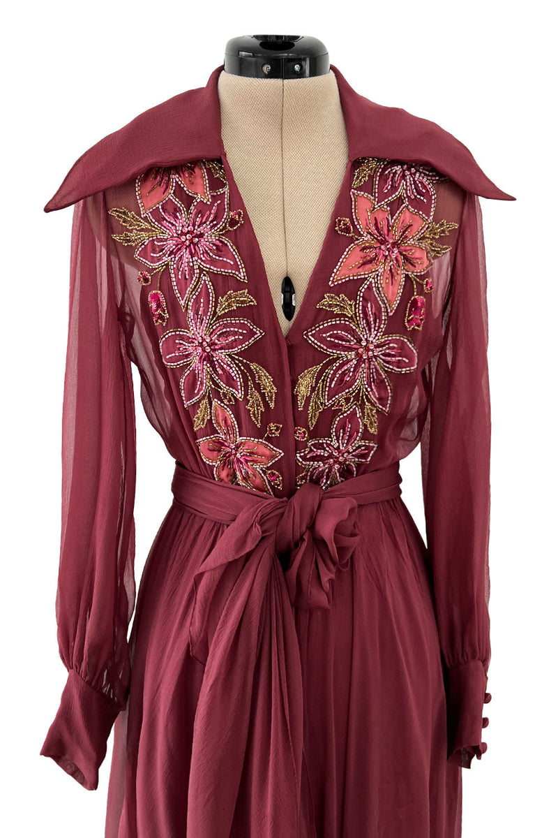 Beautiful 1974 Jean Louis Scherrer Haute Couture Hand Beaded & Applique Silk Chiffon Dress