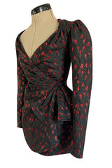 2019 Attico Micro Mini Red Metallic Rose Print Wrap Dress w Pouf Sleeves