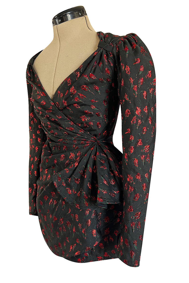 2019 Attico Micro Mini Red Metallic Rose Print Wrap Dress w Pouf Sleeves