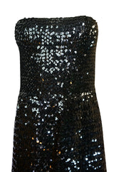 Early 1980s Roland Klein Glossy Black Strapless Sequin Dress