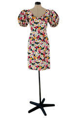 Iconic Spring 1992 Yves Saint Laurent Pink Floral Print Dress w Pouf Sleeves