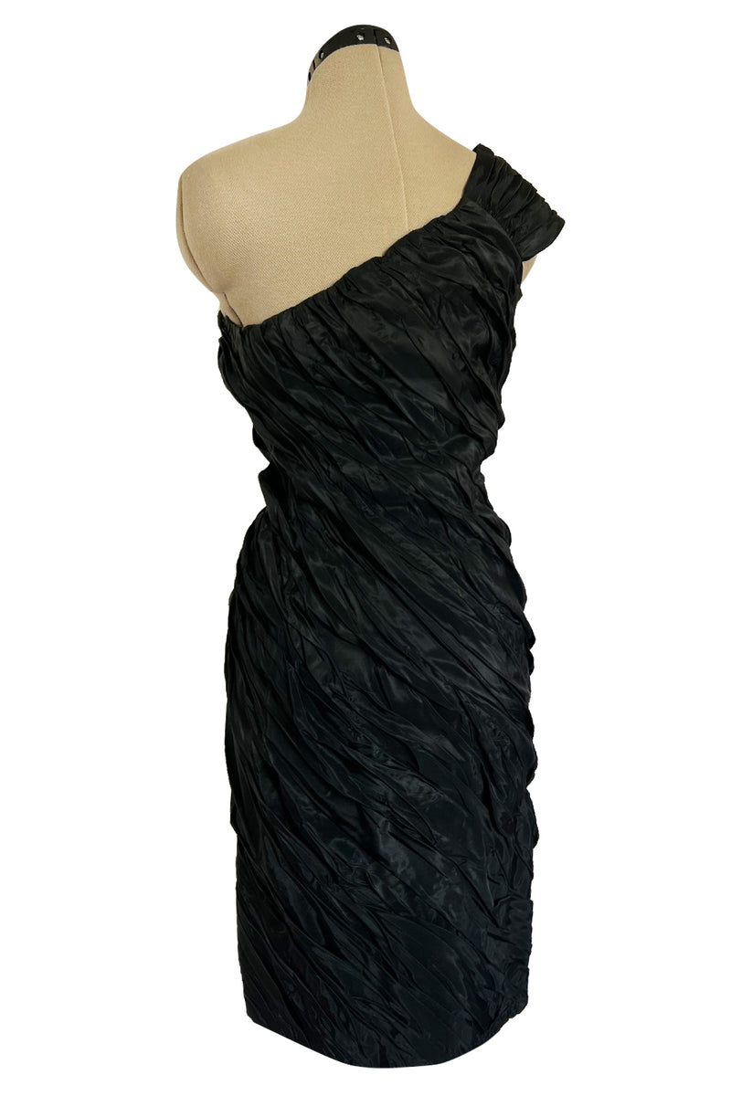 1980s Antony Price Hand Gathered One Shoulder Black Taffeta Dress