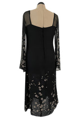 Late 1970s Pauline Trigere Black Silk Chiffon Dress w Silver Fused Glitter Flower Design