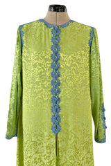 1980s Oscar de la Renta Green Silk Blue Trim Caftan Dress or Evening Coat
