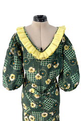 Prettiest 1930s Green Floral Print Bias Cut Silk Crepe w Yellow Collar & Original Belt
