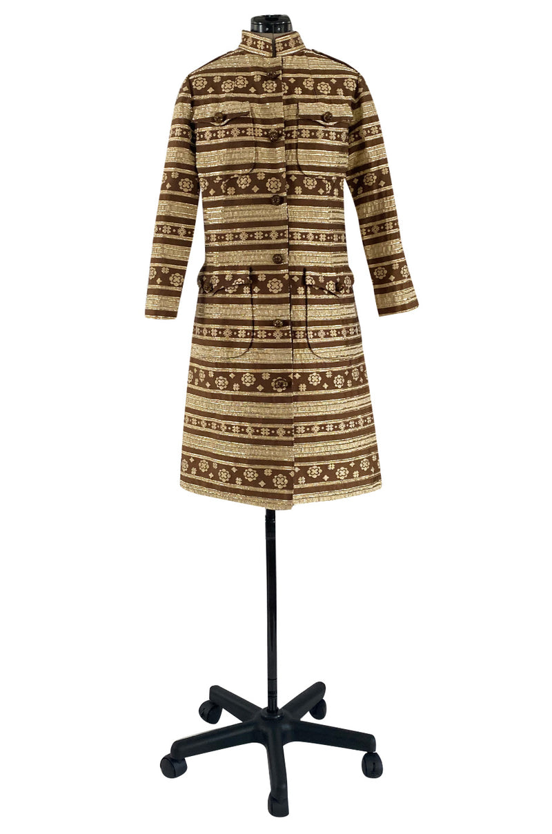 1968 Bill Blass Metallic Vogue Documented Metallic Gold & Taupe Brown Coat or Dress