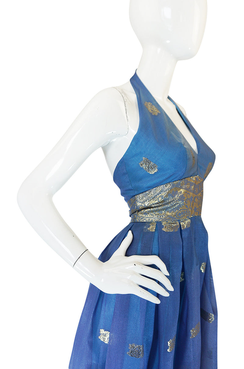 1960s Backless Blue & Gold Sari Inspired Silk Dress