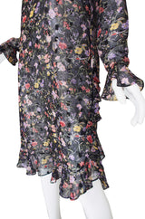 1980s Floral Silk Chiffon Hanae Mori Ruffle Dress