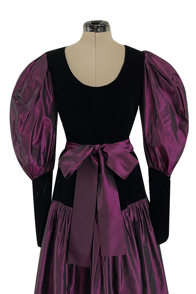 Fall 1982 Yves Saint Laurent Iridescent Purple Silk Taffeta Gigot Sleeve Dress