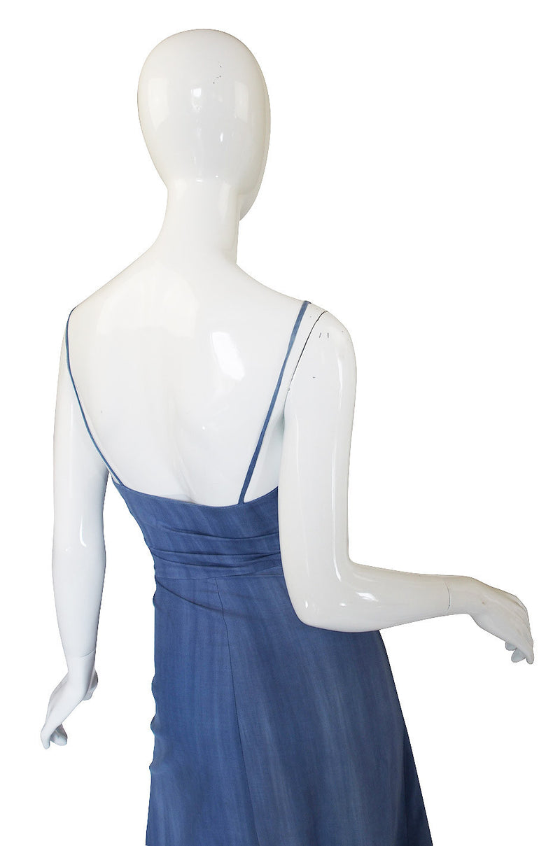 1960s Denim Look Biba Plunge Maxi Dress