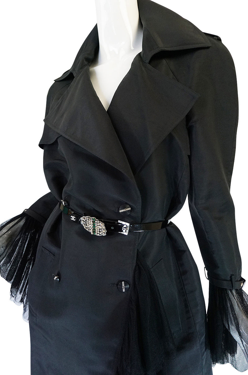 2006A Chanel Black Silk Tulle Edged Trench Coat