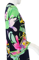 1970s Leonard Bell Sleeve Silk Print Dress