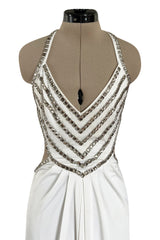 Stellar 1970s Luis Estevez Backless White Jersey Dress w Silver Studded Front
