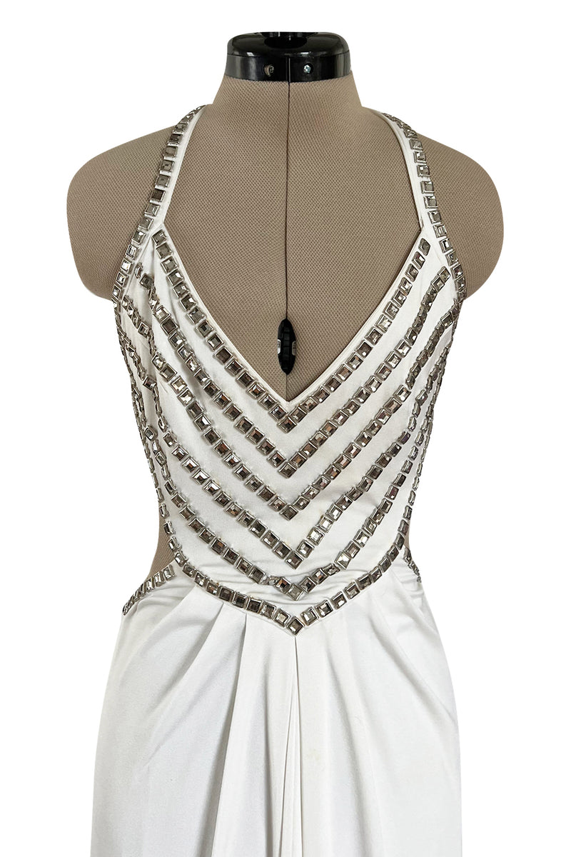 Stellar 1970s Luis Estevez Backless White Jersey Dress w Silver Studded Front