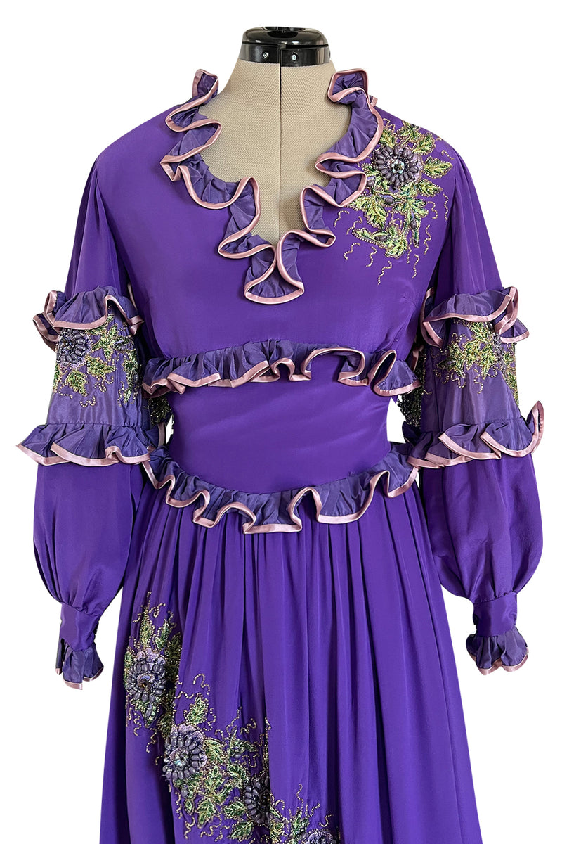 Rare 1960s Tiziani Couture by Karl Lagerfeld Purple Silk Dress w Intricate Hand Beading