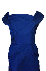 1950s Ceil Chapman Slight Off Shoulder Fitted Blue Silk Dress