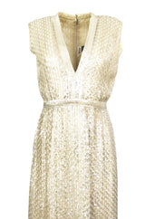 1960s Fred Perlberg Long Ivory Fully Sequinned Plunge Dress