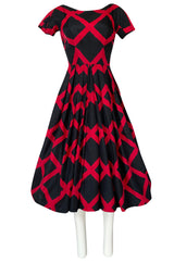 1950s Suzy Perette Black & Red Diamond Pattern Full Skirt Dress