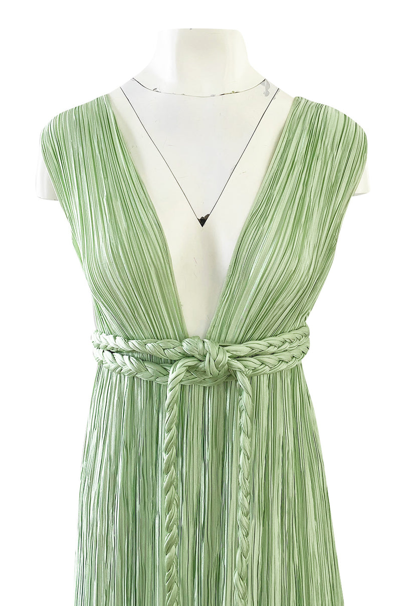 Exquisite 1970s Mary McFadden Back & Front Plunging Mint Green Pleated Dress