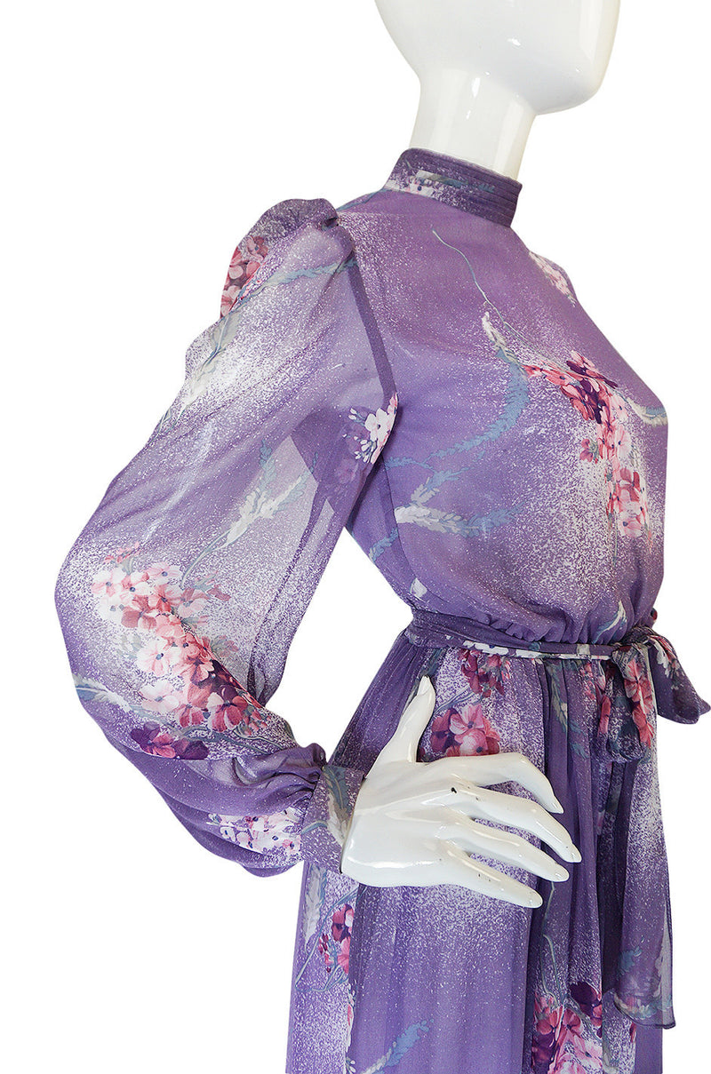 1970s Hanae Mori Romantic Pale Purple Print Chiffon Dress