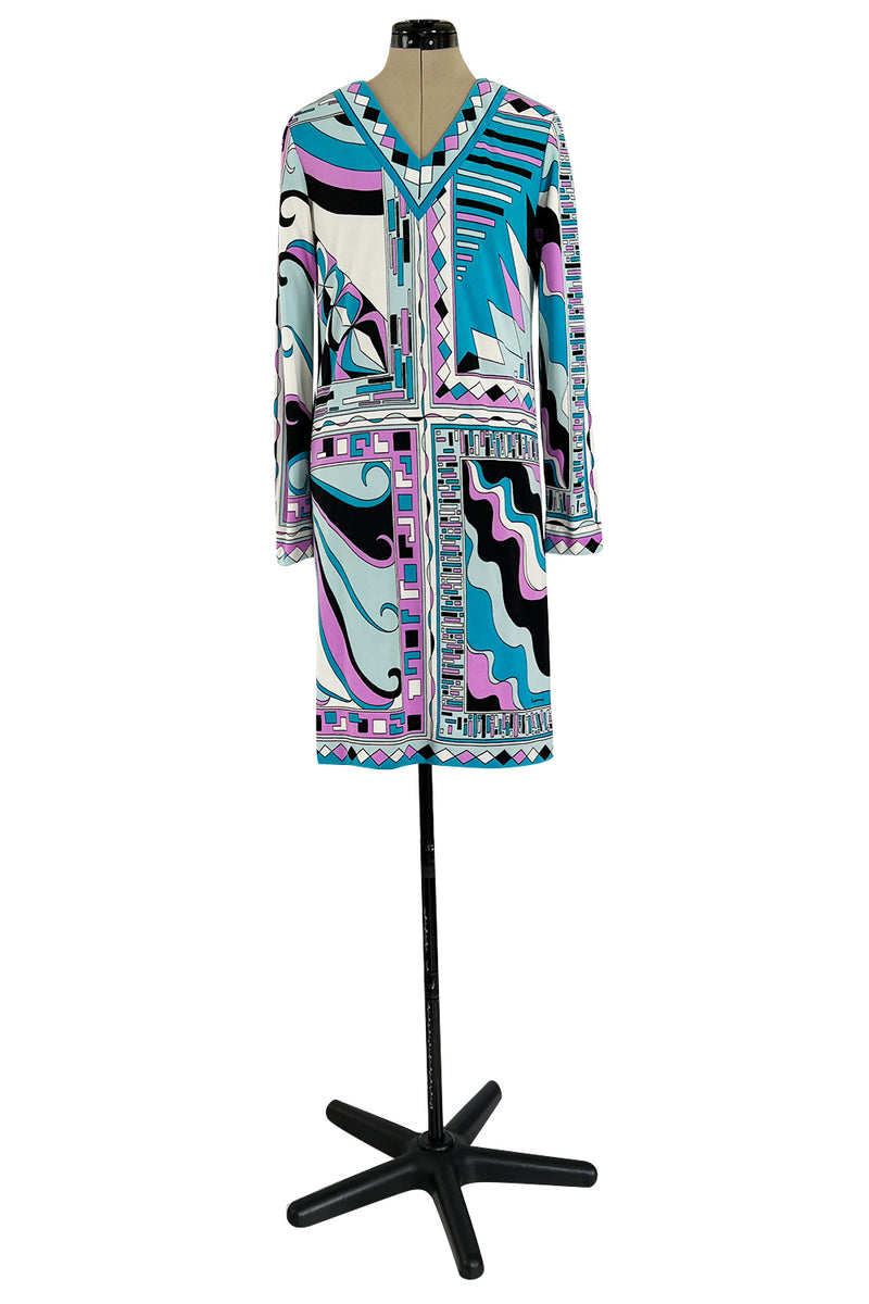 Prettiest 1970s Paganne Pink & Turquoise Printed Jersey Simple Shift Dress