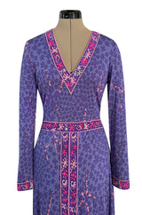 Gorgeous 1960s Bessi Light Purple & Pink Printed Silk Jersey Dress w V Neck & Slit Front