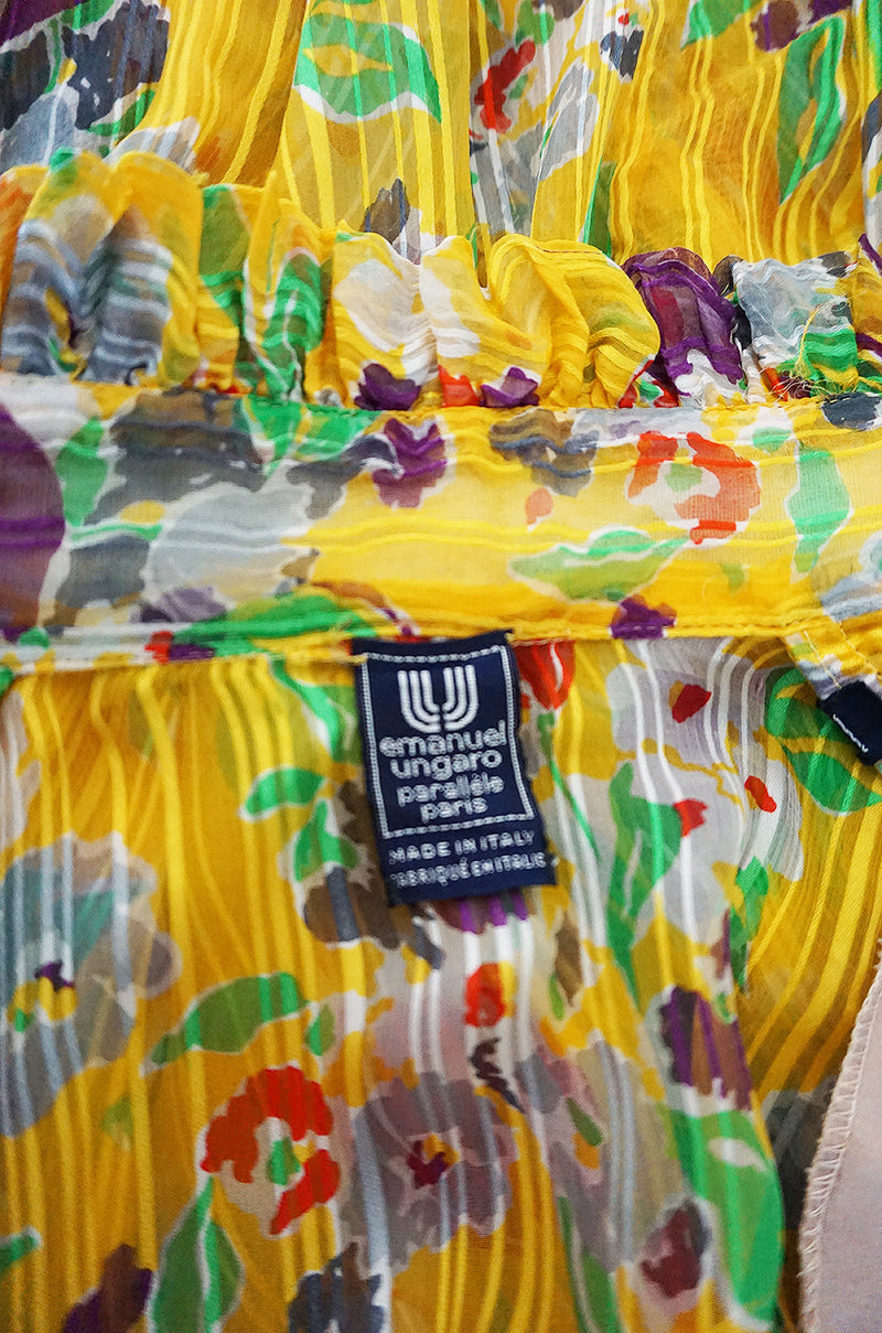 1981 Emanuel Ungaro Yellow Floral Printed Silk Ribbon Chiffon Ascot Top