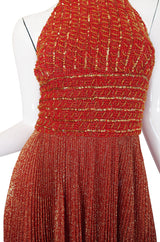 1970s Mignon Red Lame Gold Halter Dress