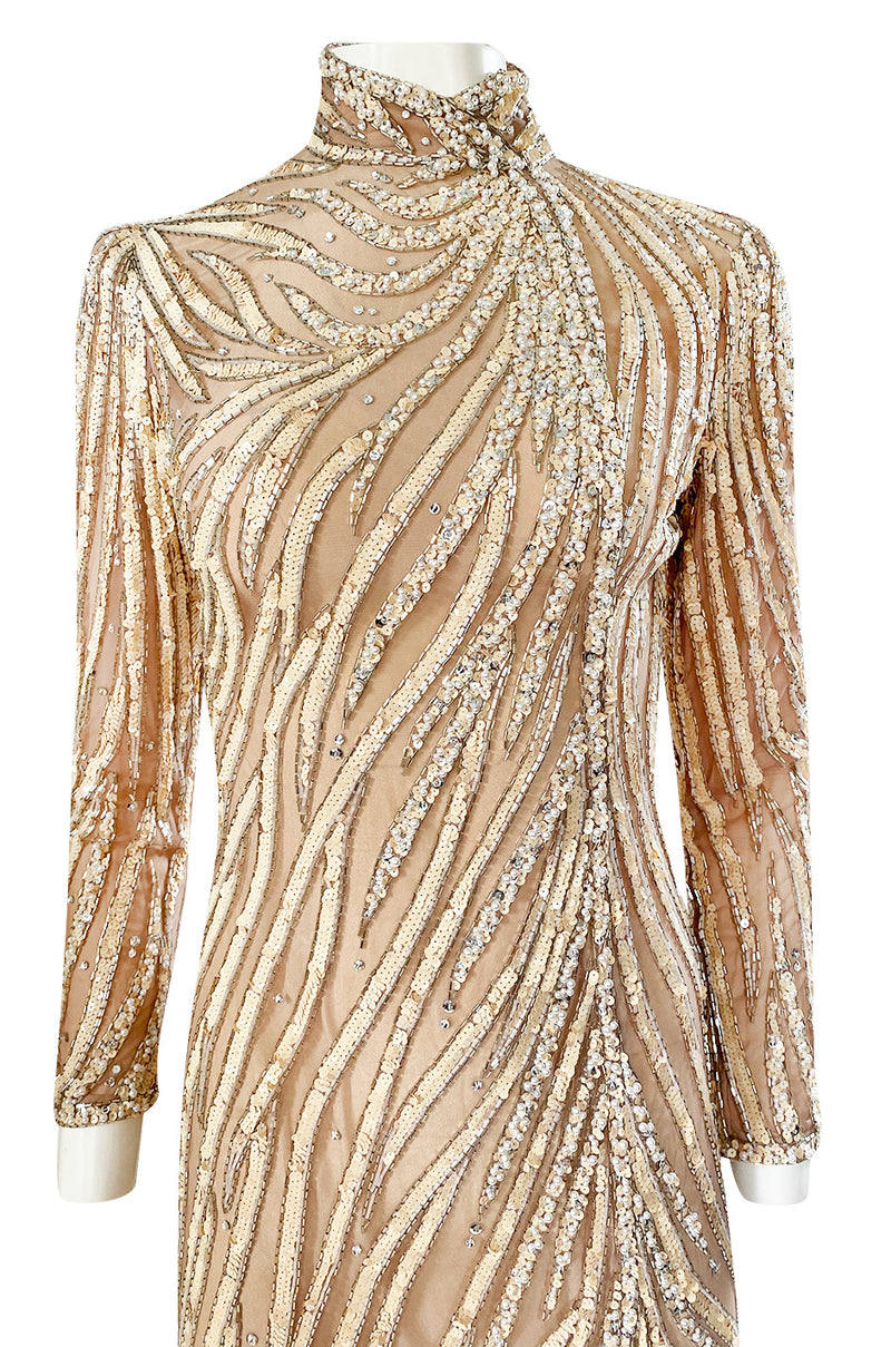 1980s Bob Mackie Ivory Sequin & Nude Stretch Net High Slit Dress ...