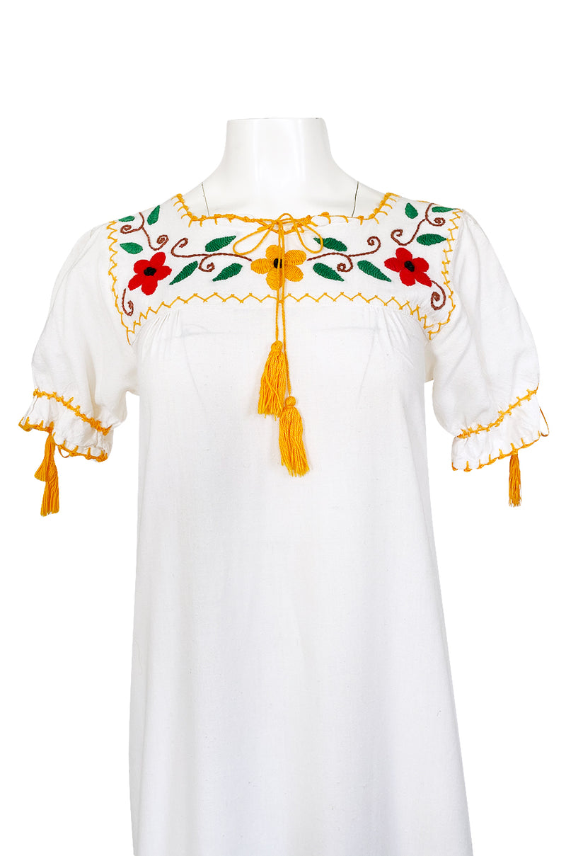 1950s Handmade Mexican Floral Embroidered White Cotton Dress Shrimpton Couture 1950s Handmade Mexican Floral Embroidered White Cotton Dress Shrimpton Couture