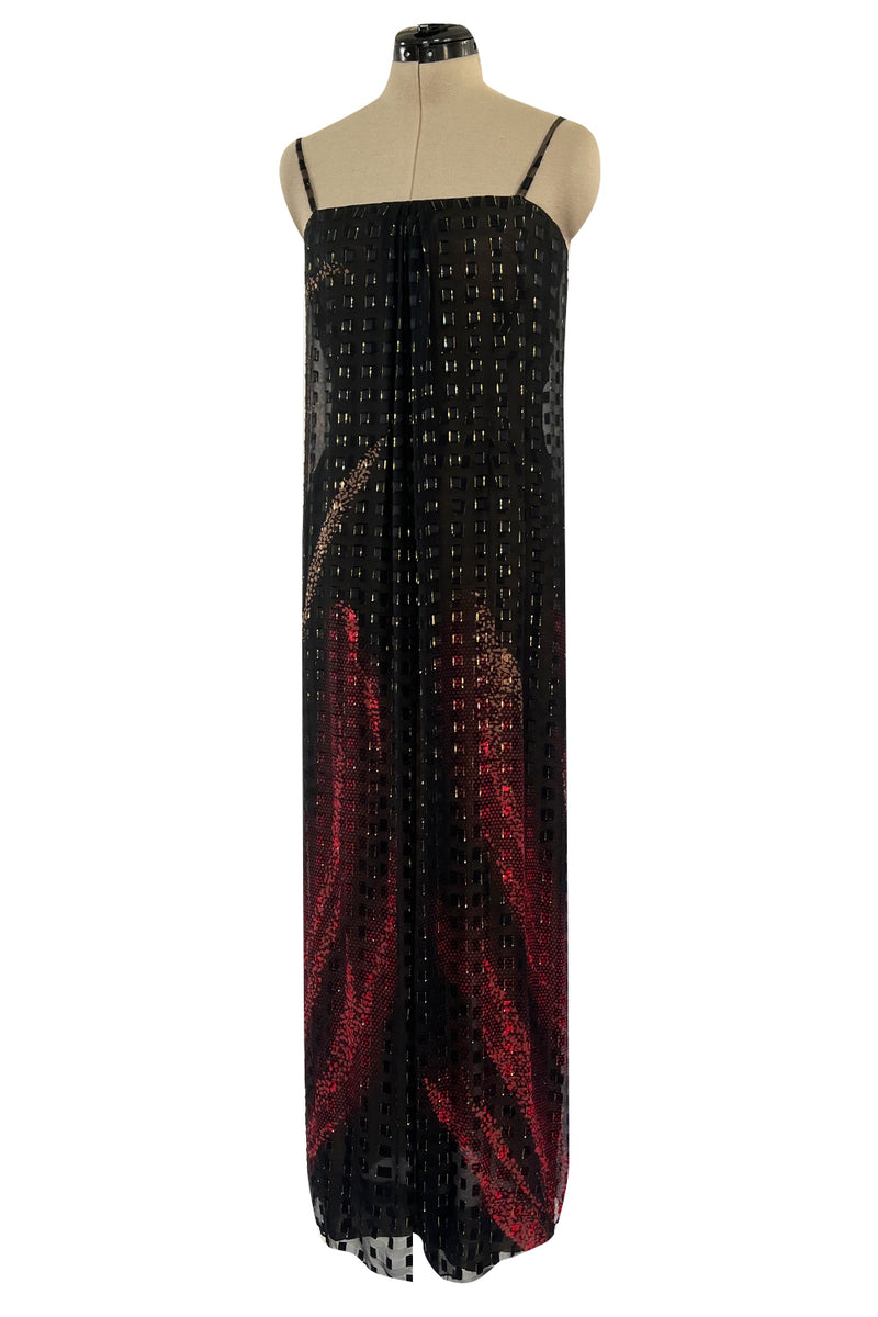1970s Pauline Trigere Metallic Gold Thread on Pritned Silk Chiffon Dress & Sash