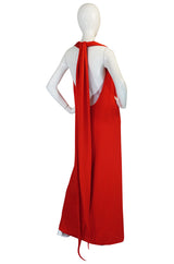 1970s Convertible Plunge & Tie Red Jersey Maxi Dress
