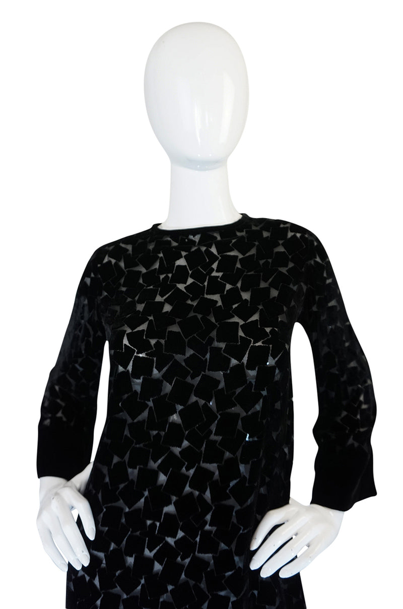 1970s Yves Saint Laurent Fused Velvet & Silk Chiffon Shift Dress