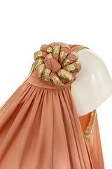 1981 Bill Tice Nude Peach Colour One Shoulder Dress w Gold Detailing
