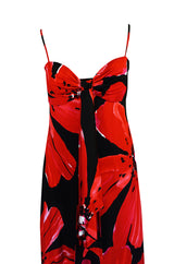 1978 Halston Resort Swimwear Red Floral Jersey Halter Dress