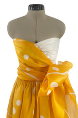 Spring 1985 Bill Blass Dotted Yellow & White Silk Organza Ad Campaign Strapless Dress