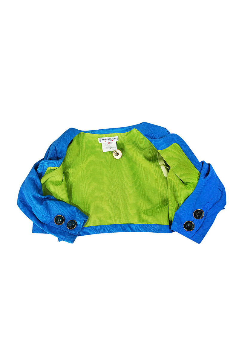 1980s Yves Saint Laurent Blue Moire Silk Jacket w Belt