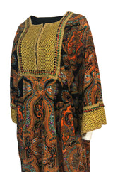 1960s Unlabeled Printed Velveteen & Elaborate Gold Braid Caftan Dress