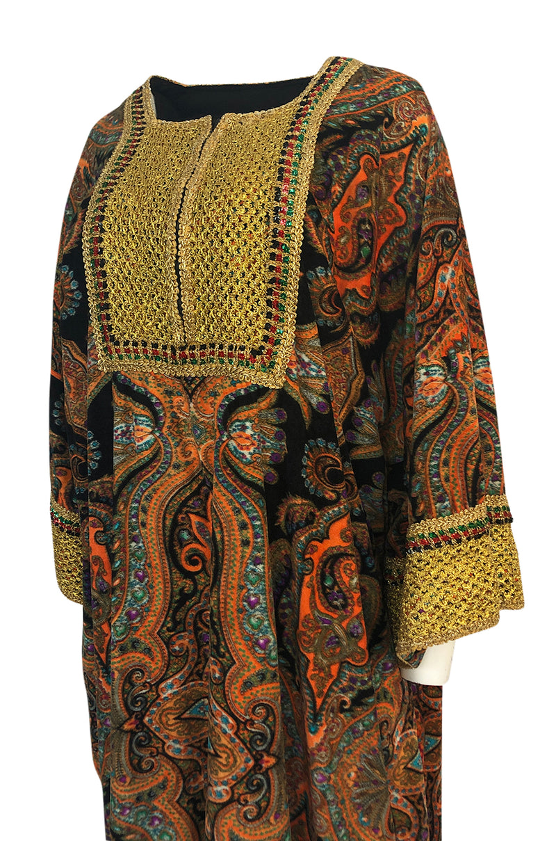 1960s Unlabeled Printed Velveteen & Elaborate Gold Braid Caftan Dress