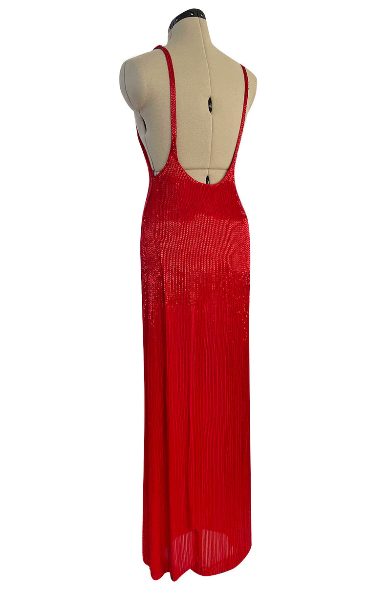 Showstopping 1975 John Anthony Couture Deep Plunging Red Dress Entirely Covered in Glass Beads